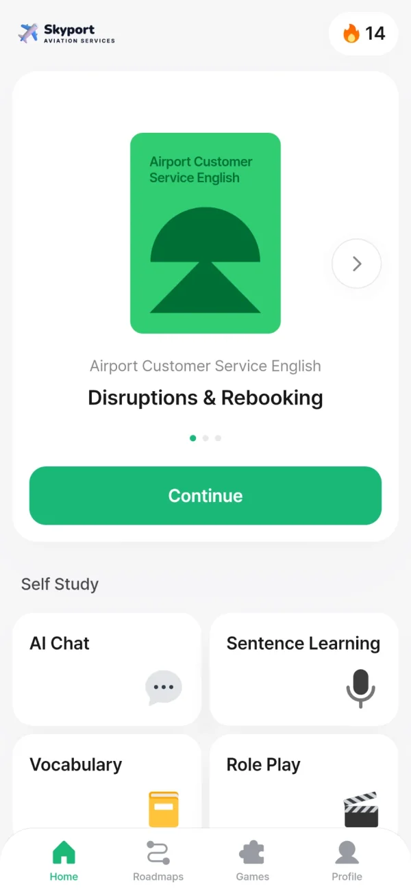 Example app home screen: the Skyport Aviation Services logo, the Airport Customer Service English course and its next lesson, Disruptions and Rebooking.