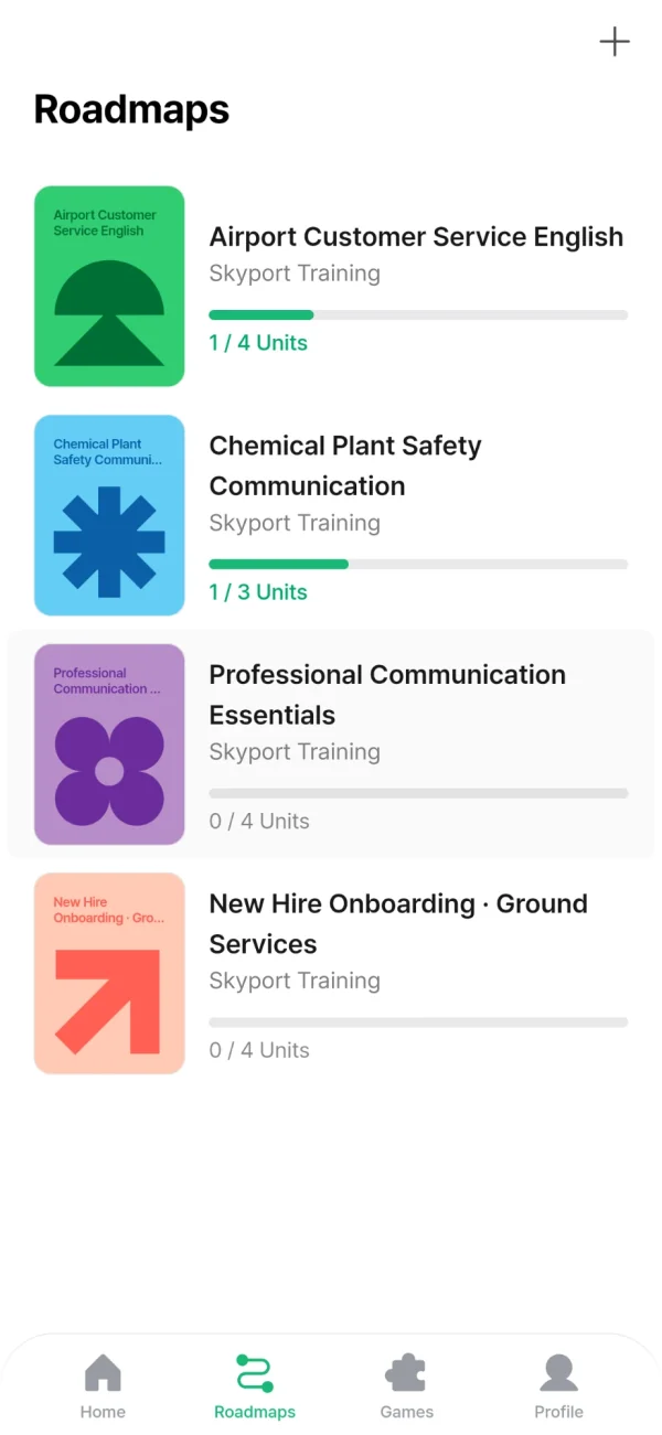 Example Roadmaps screen: four courses by Skyport Training, including Airport Customer Service English, Chemical Plant Safety Communication and New Hire Onboarding, each with its unit progress.