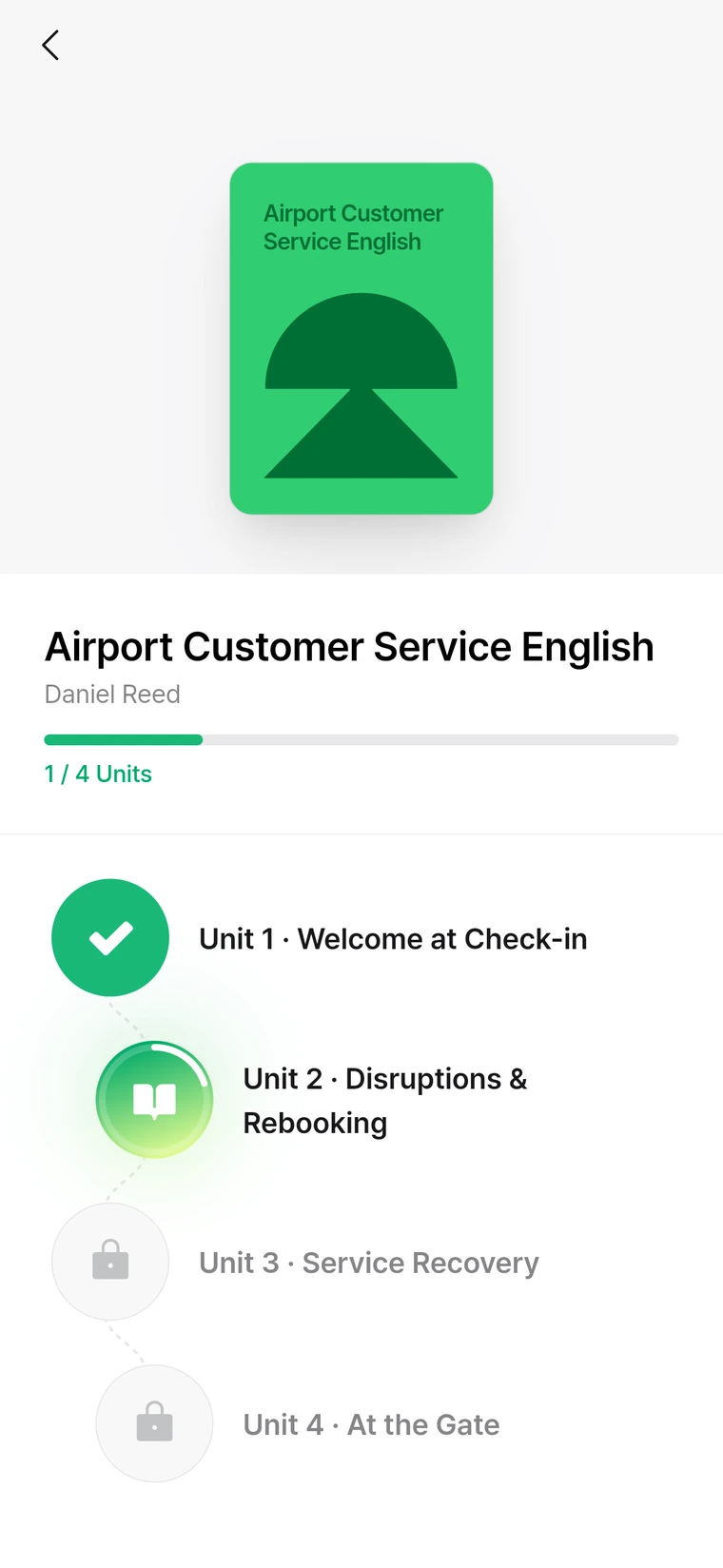 The Airport Customer Service English roadmap in the staff app: unit 1 done, unit 2 open.