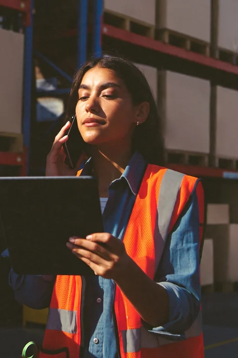 Warehouse coordinator on a call while checking a tablet