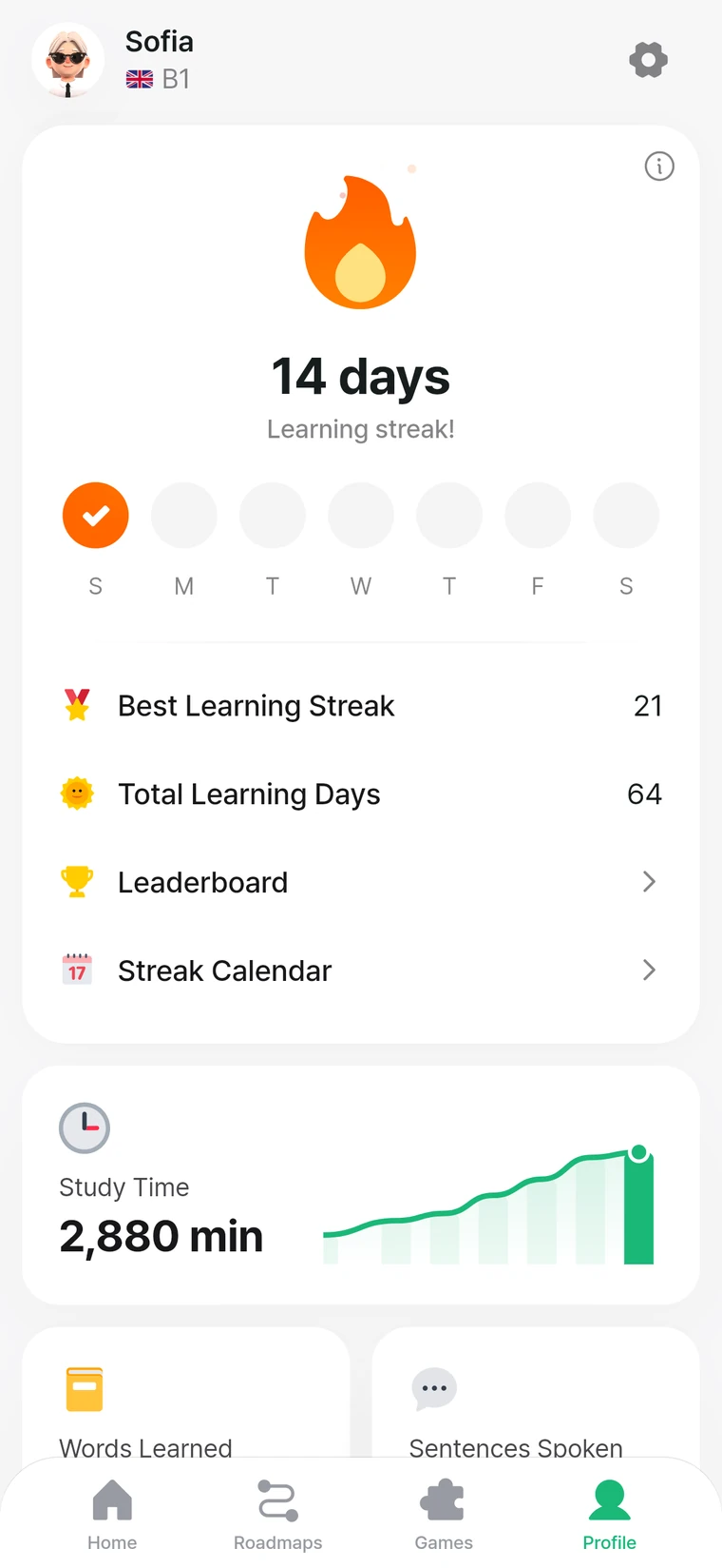 A learner profile: a 14-day streak, learning days and study time.