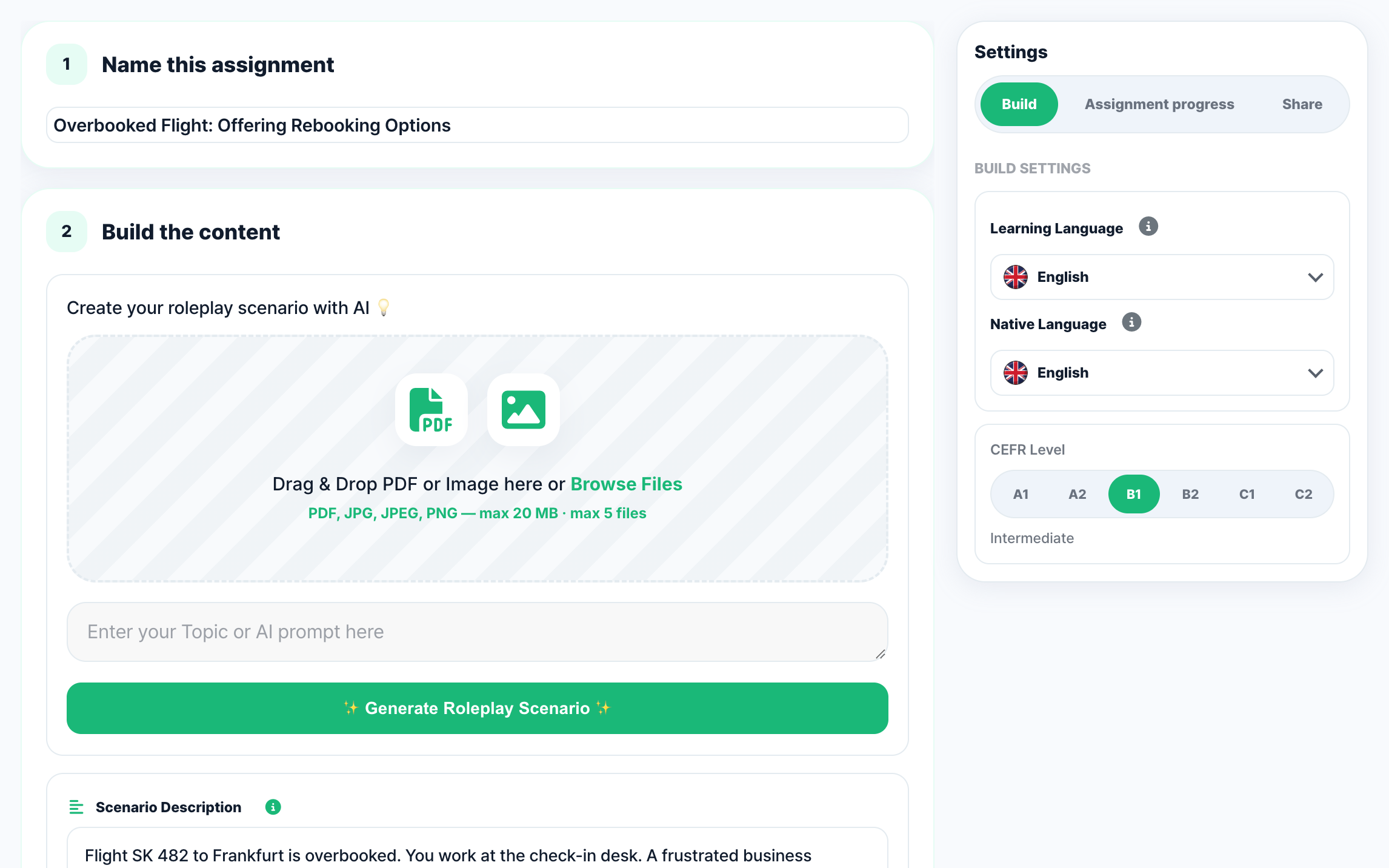 The roleplay builder: name the assignment, upload a PDF or image or enter a prompt, generate the scenario, and set the learning language and CEFR level.