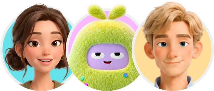 AvoLingo eğitmenleri Isabelle ve Brad, maskot Avo ile birlikte.
