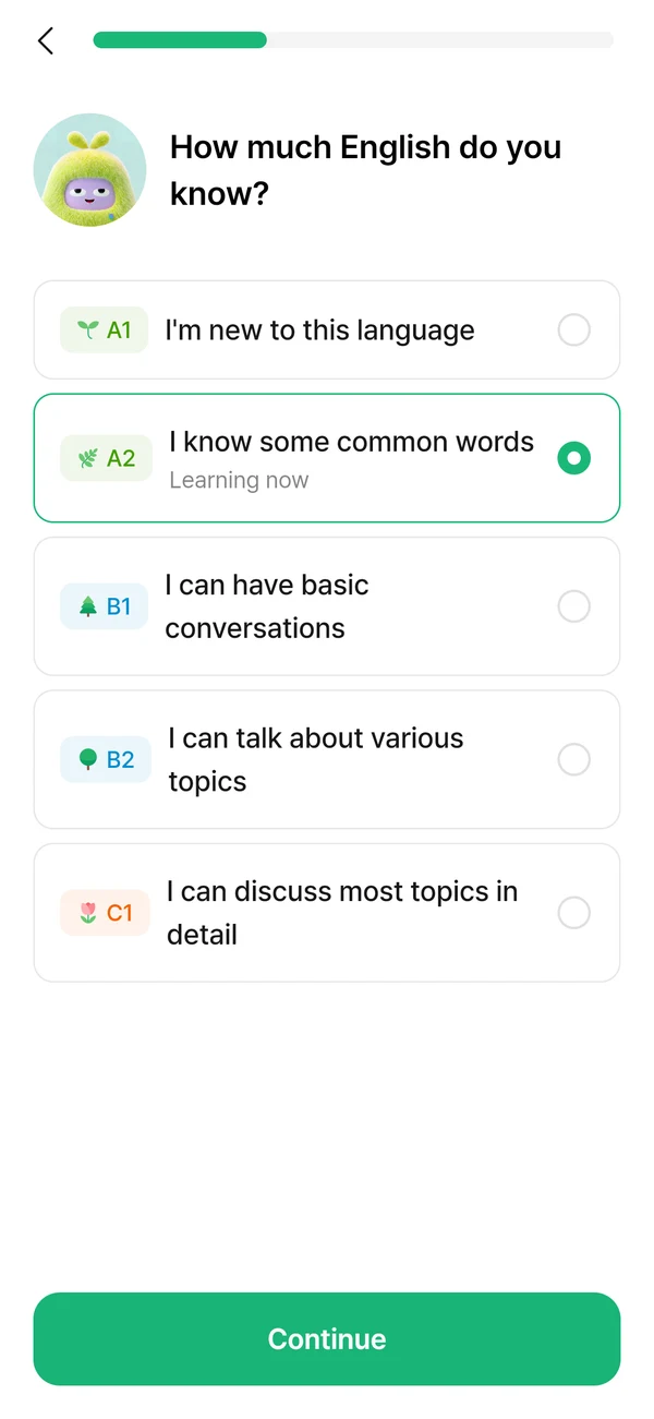 La elección de tu nivel en el idioma que aprendes, de A1 a C1.