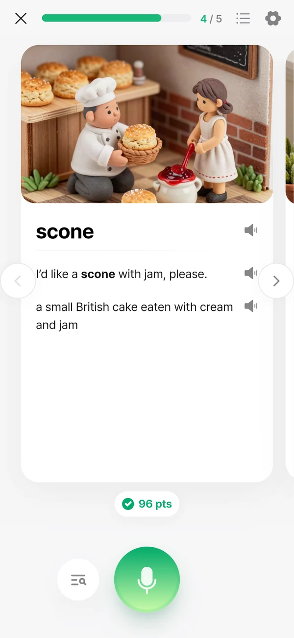 Una tarjeta de vocabulario de una lección en una cafetería de Londres: scone, con el ejemplo “I’d like a scone with jam, please.” para escucharlo y repetirlo.