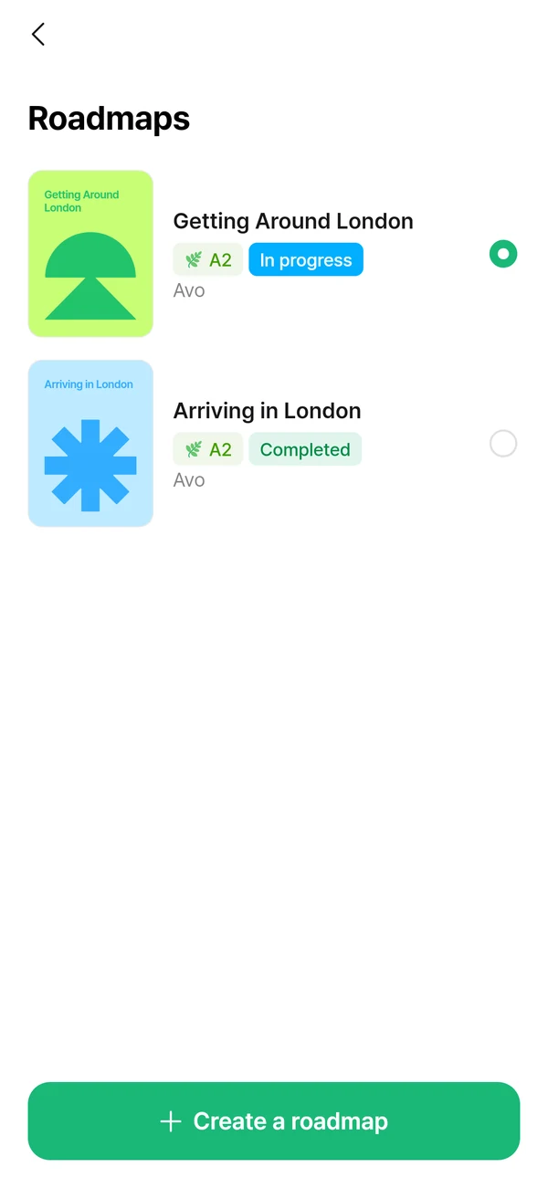 La lista de planes de aprendizaje de la app: “Getting Around London” en curso y “Arriving in London” completado, con un botón para crear un plan nuevo.