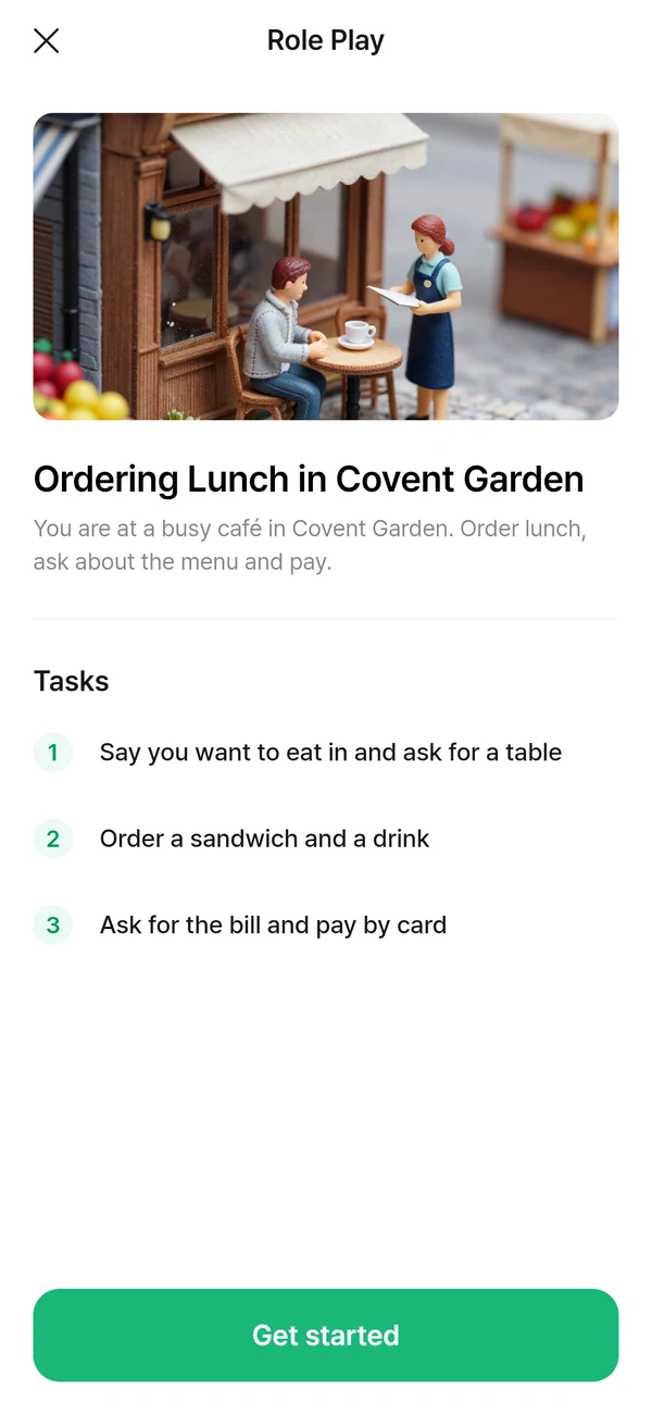 La presentación de un juego de rol en la app: pedir el almuerzo en una cafetería de Covent Garden, con tres objetivos por cumplir.