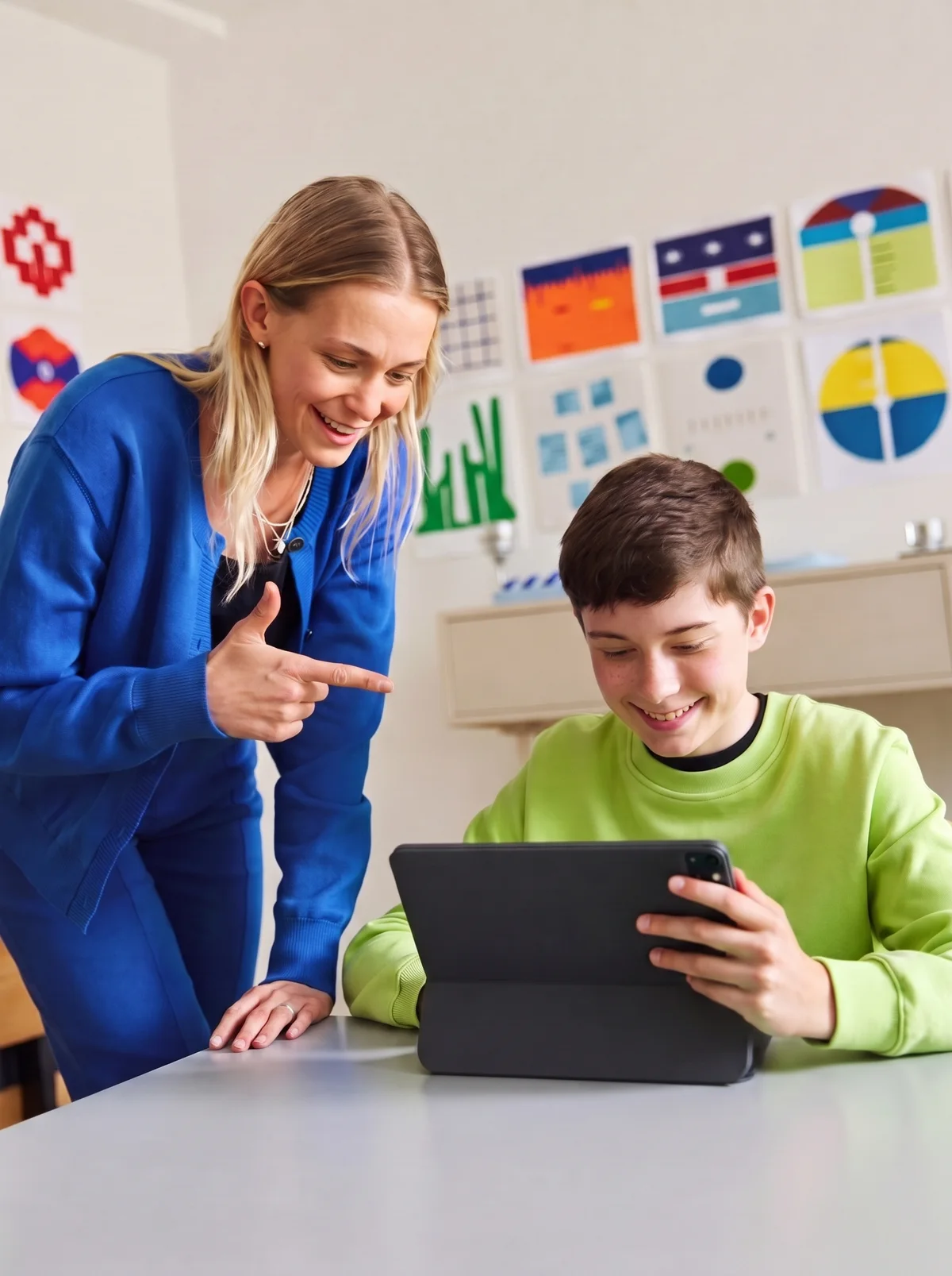 A teacher in a cobalt cardigan leans in beside a student in a lime sweatshirt as he works on a tablet in a bright classroom.