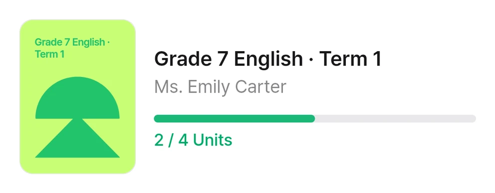 Lernpfad: Grade 7 English · Term 1, Ms. Emily Carter, 2 von 4 Einheiten erledigt.