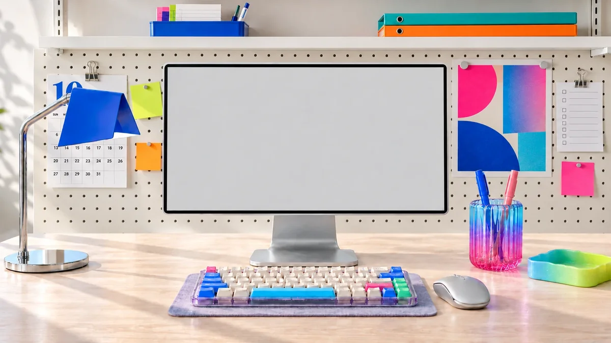 Ein heller Schreibtisch: auf dem Monitor das AvoLingo-Dashboard für Lehrkräfte, dahinter ein Wandkalender und ein Poster, davor eine bunte Tastatur und ein Stiftebecher.