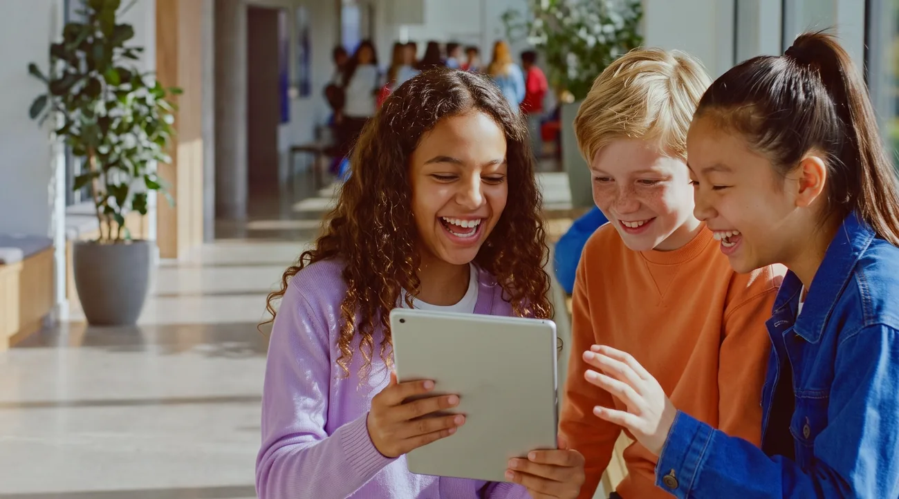 Drei Jugendliche an einer internationalen Schule lachen gemeinsam über ein Tablet gebeugt.