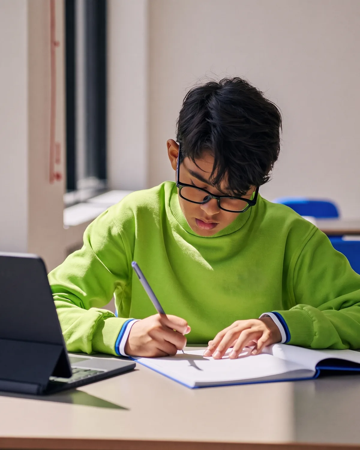 Ein Schüler im limettengrünen Sweatshirt schreibt in sein Heft, neben ihm ein aufgeklapptes Tablet.