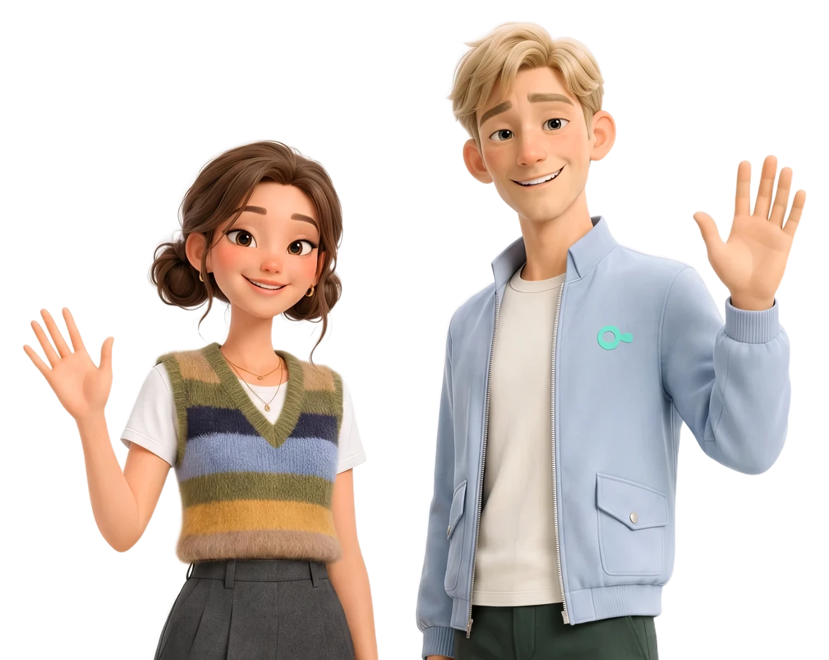 AvoLingo eğitmenleri Isabelle ve Brad el sallıyor.