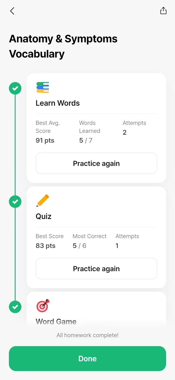 The Anatomy & Symptoms Vocabulary unit: a best average score of 91 for Learn Words, and 5 of 7 words learned.